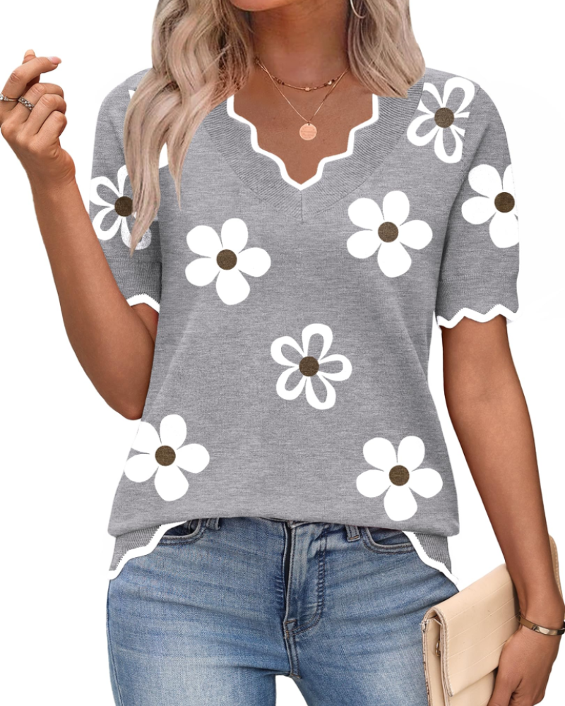 Amirah Top Donna – Maglia Leggera Maniche Corte Scollo a V Elegante Business Casual