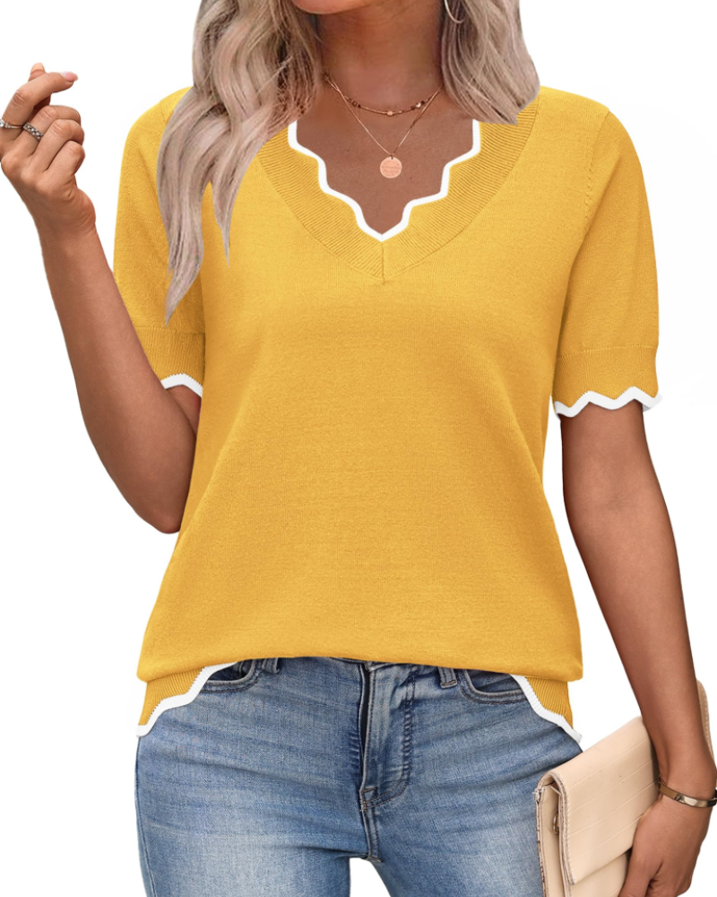 Amirah Top Donna – Maglia Leggera Maniche Corte Scollo a V Elegante Business Casual