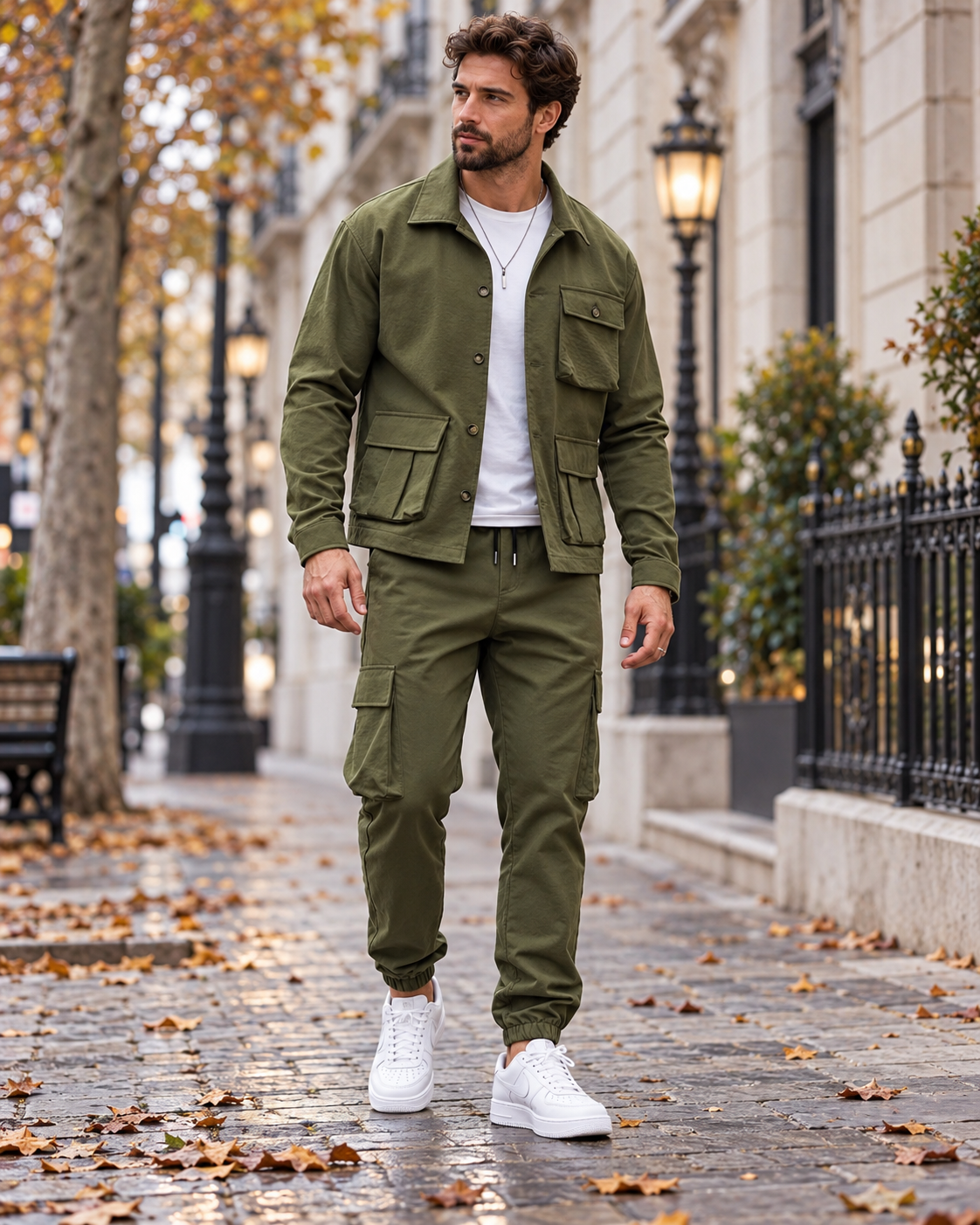 Enzo Ensemble Cargo Homme Deux Pièces – Veste et Pantalon Décontractés Multi-Poches