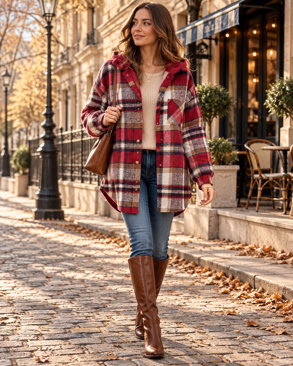 Yana Surchemise Femme Oversize à Carreaux, Capuche, Boutons et Poche Poitrine