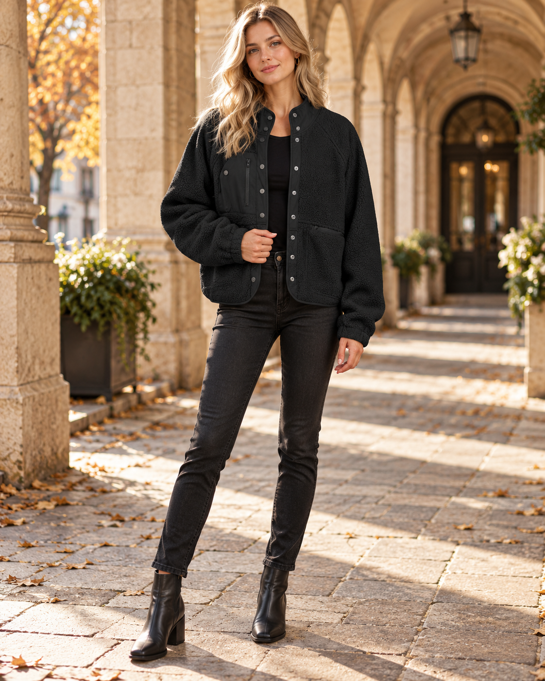 Jasmine Veste sherpa douce courte a boutons et poches