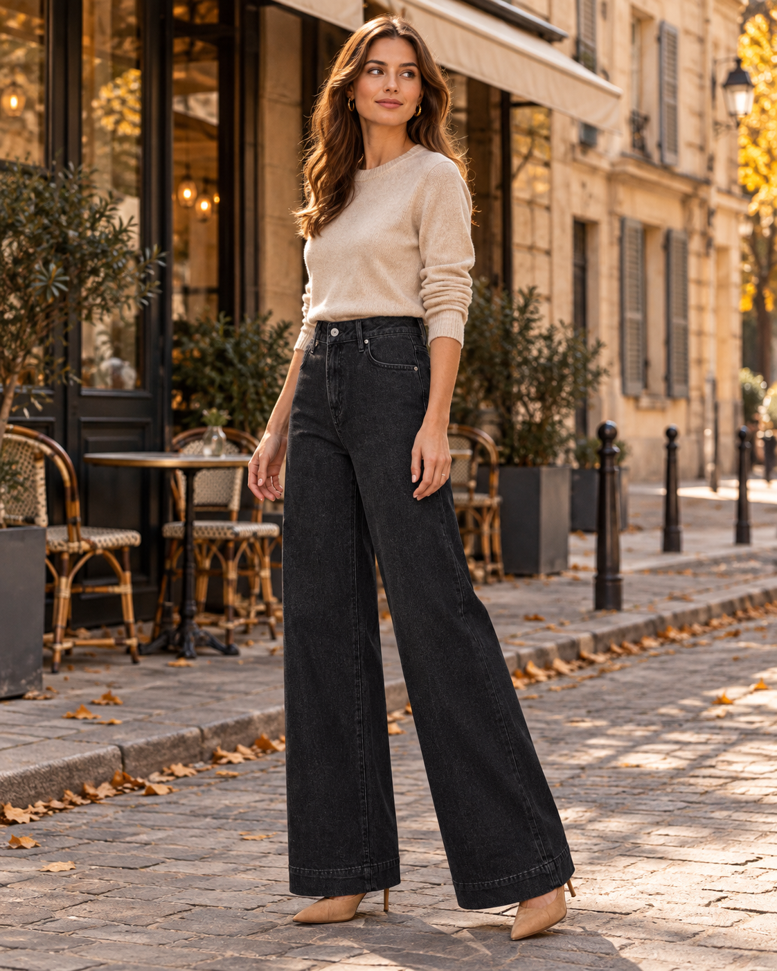 Ophelia Jean taille haute a jambe large en denim stretch