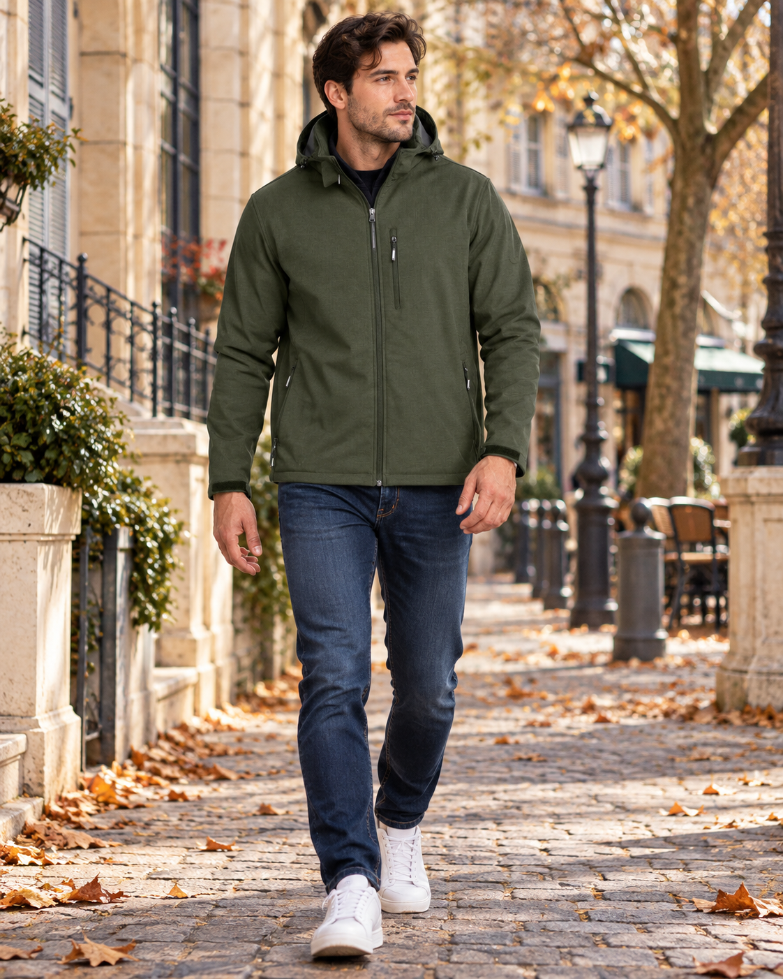 Uriel Men's water-repellent softshell jacket with hood, fleece-lined, and five pockets