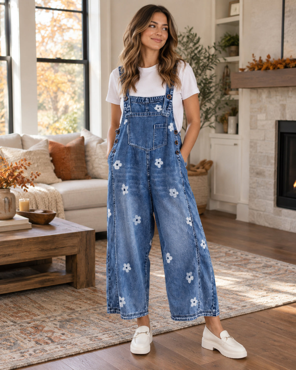 Elara Salopette da donna in denim floreale – Vestibilità ampia, spalline regolabili e tasche