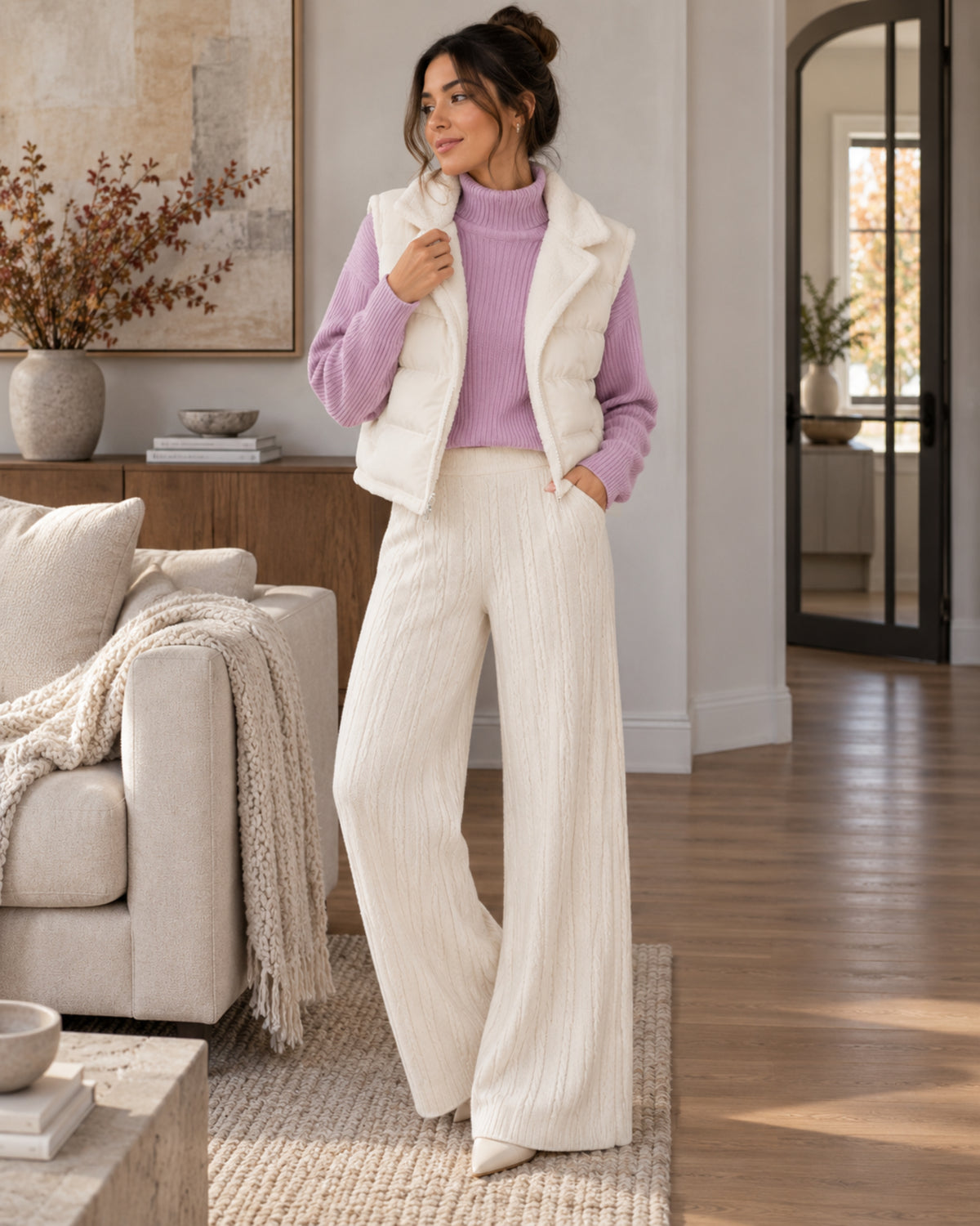 Isabeau Ensemble 3 Pièces Femme – Pull Col Montant, Pantalon Maille & Gilet Matelassé