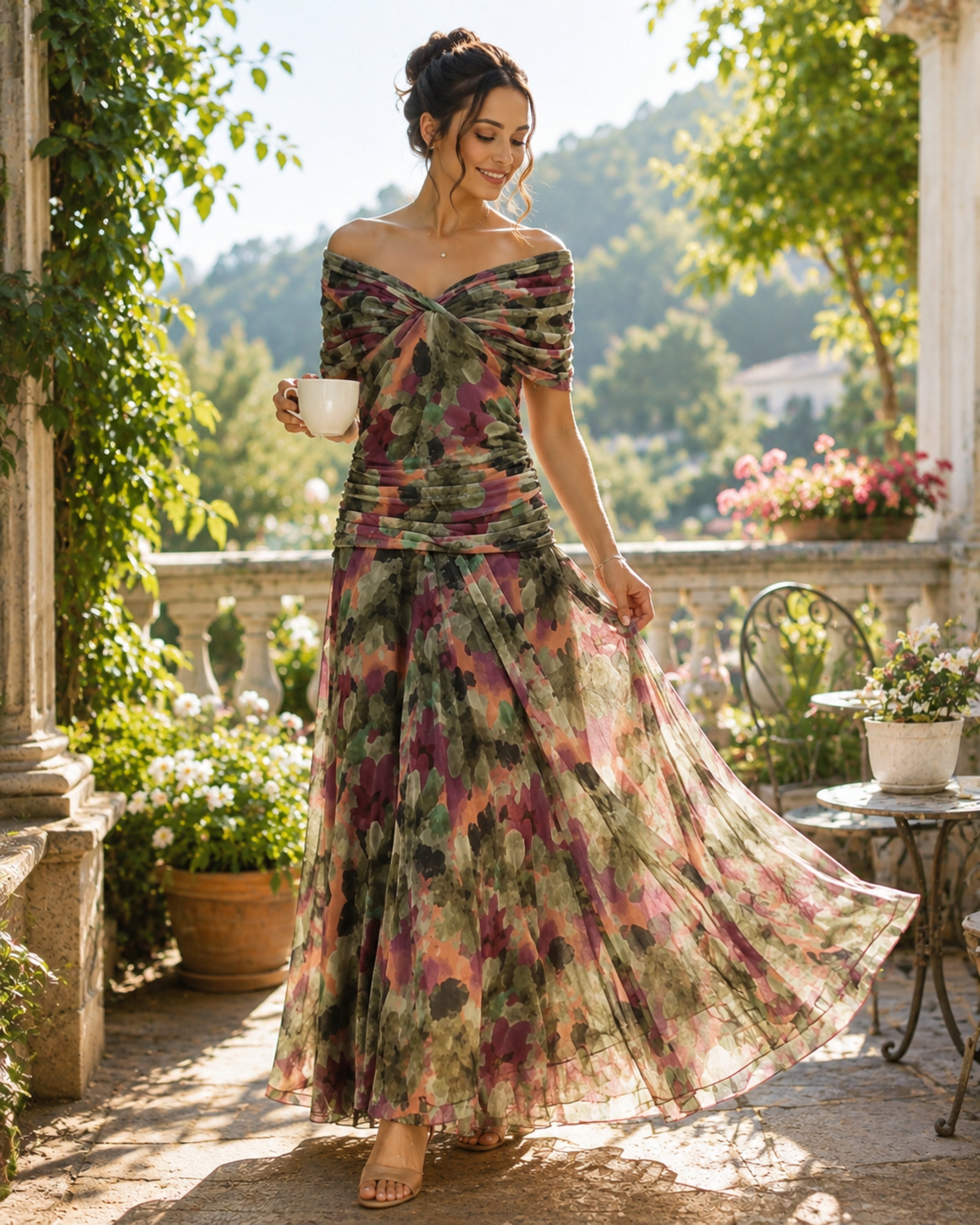 Olivia jurk dames – cocktailjurk met bloemen, blote schouders, hoge taille, elegant