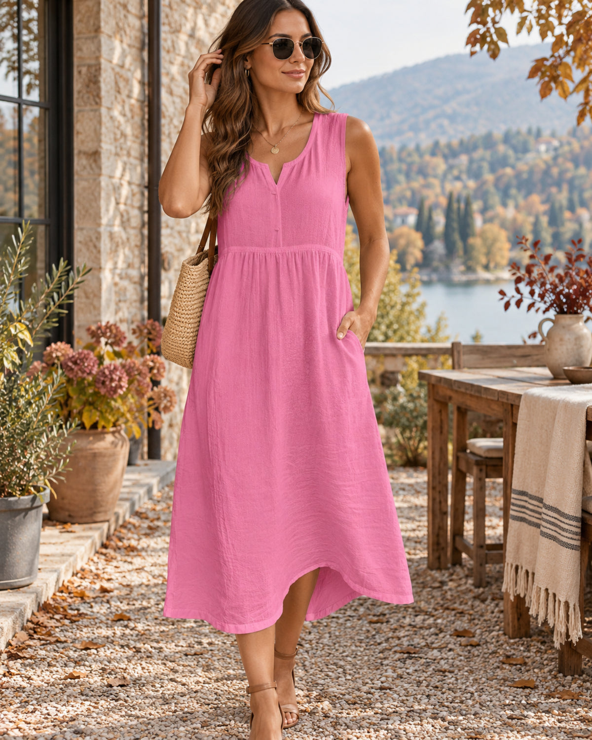 Anna Kleid Damen – Midi-Leinenkleid mit V-Ausschnitt, ärmellos, Taschen, fließender Schnitt, Sommer