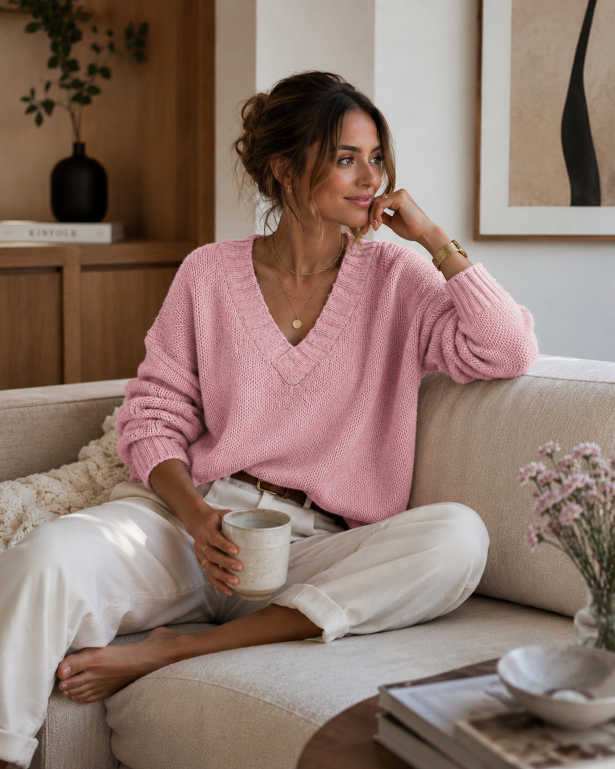 Kyler Pull Femme – Pull à Col en V Confortable avec Coupe Décontractée et Design Intemporel