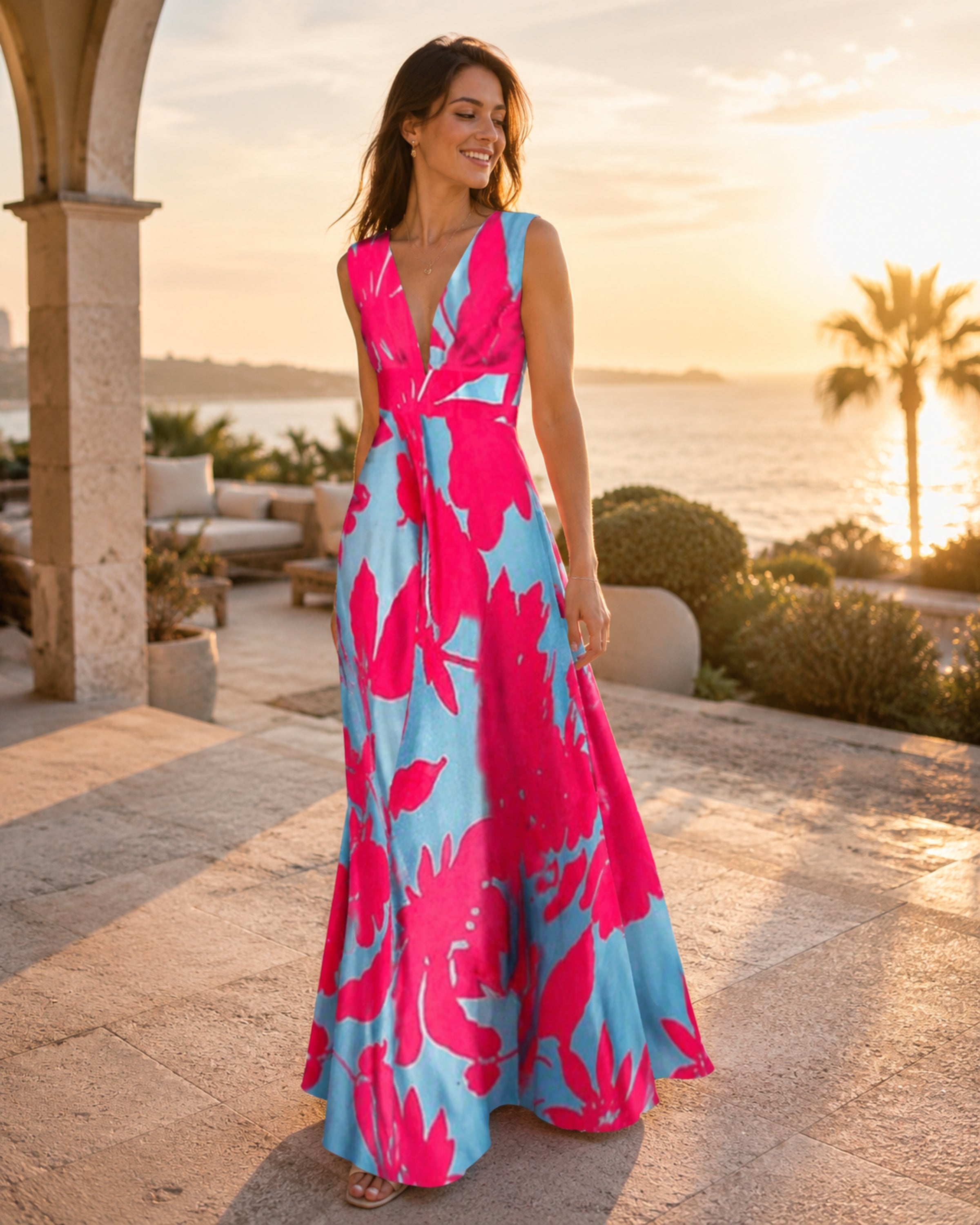 Maya Long Bohemian Dress for Women – Sleeveless Dress with V-Neck, Zipper, and Elegant Print