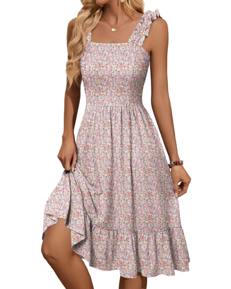 Armenia Robe Midi Femme – Robe Été Col Carré à Bretelles Élastiques, Coupe A-Line Fluide avec Volants