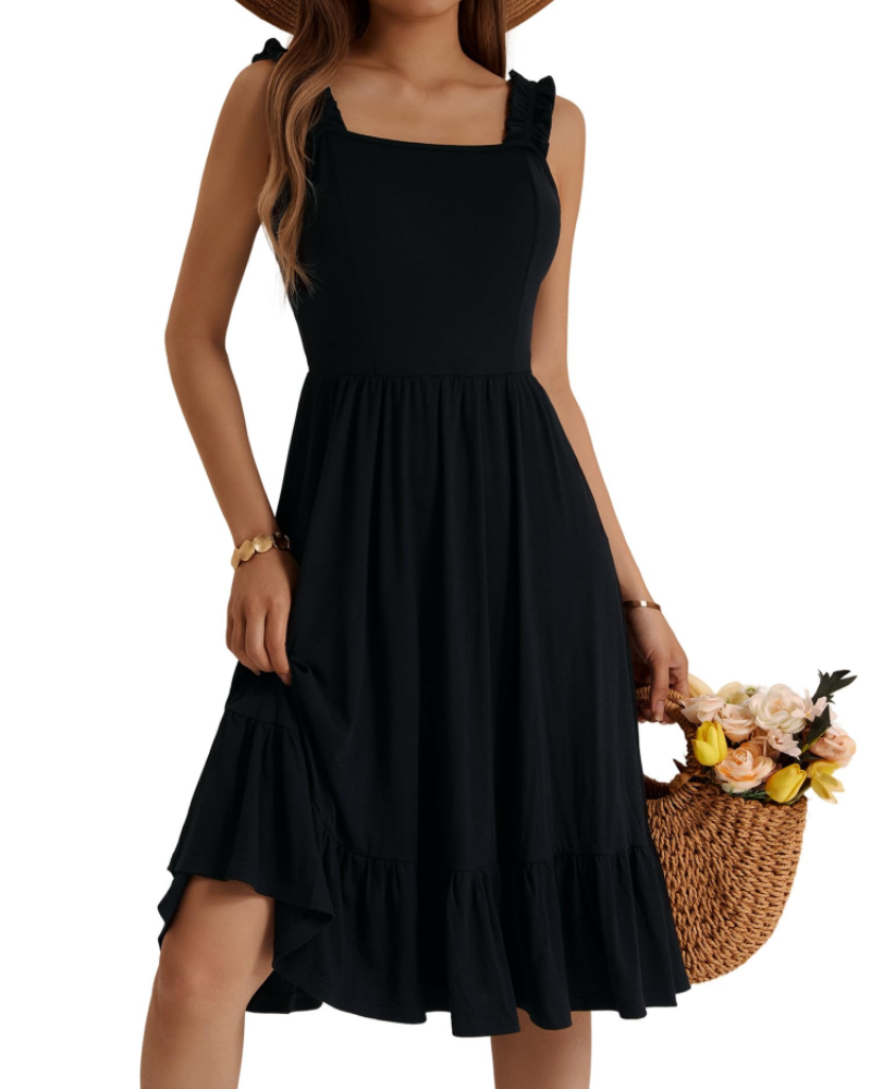 Armenia Robe Midi Femme – Robe Été Col Carré à Bretelles Élastiques, Coupe A-Line Fluide avec Volants