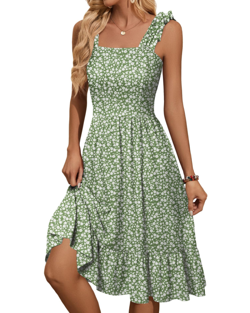 Armenia Robe Midi Femme – Robe Été Col Carré à Bretelles Élastiques, Coupe A-Line Fluide avec Volants
