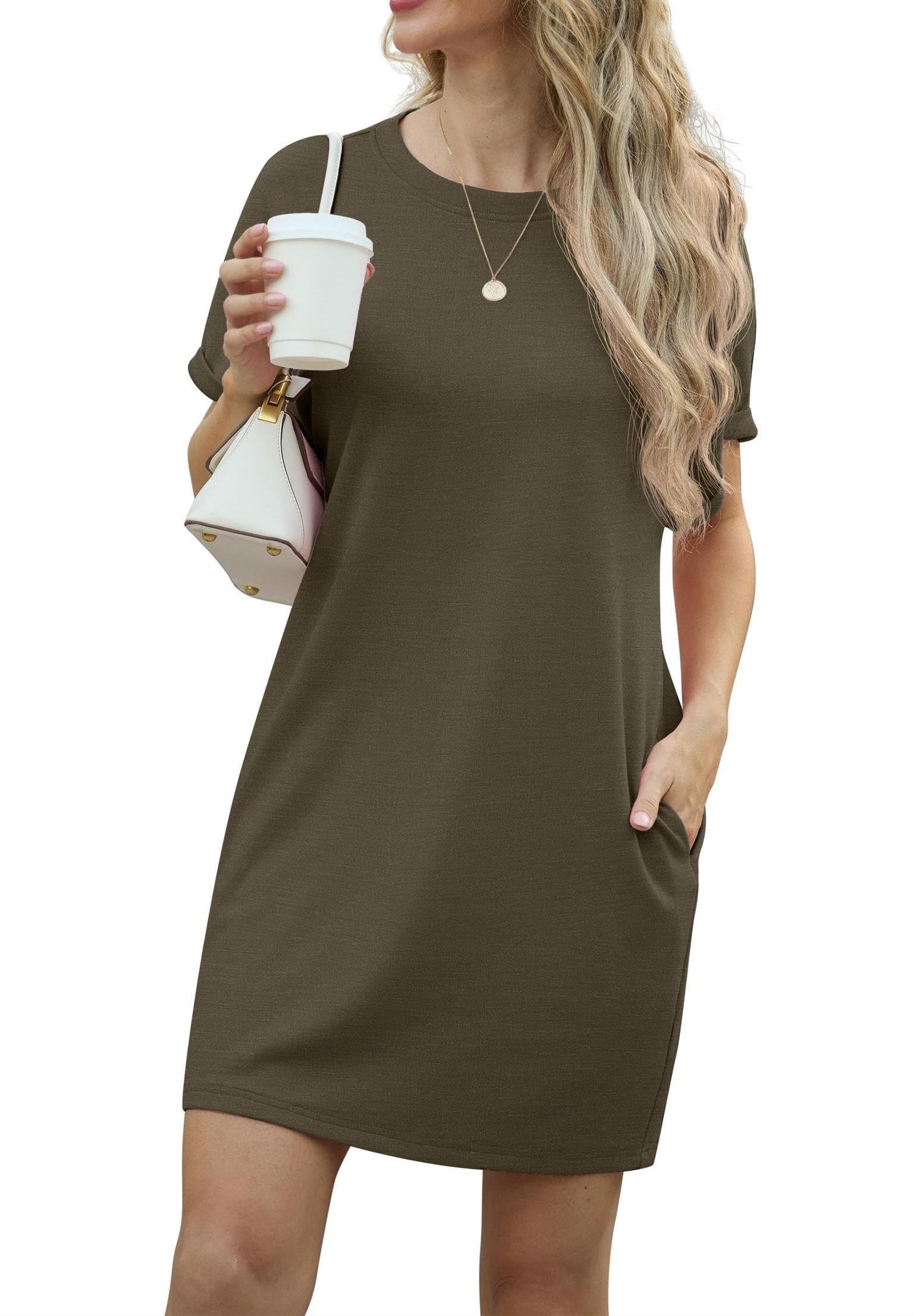 Vestido Lewina para mujer – Cuello redondo, mangas cortas, corte línea A mini y bolsillos, color liso verano