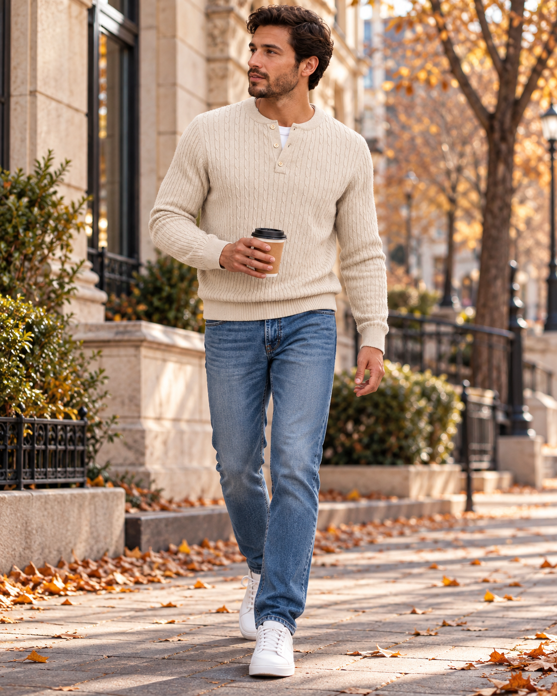 Carlo Pull pour homme en maille torsadée – Col Henley, manches longues et coupe ajustée