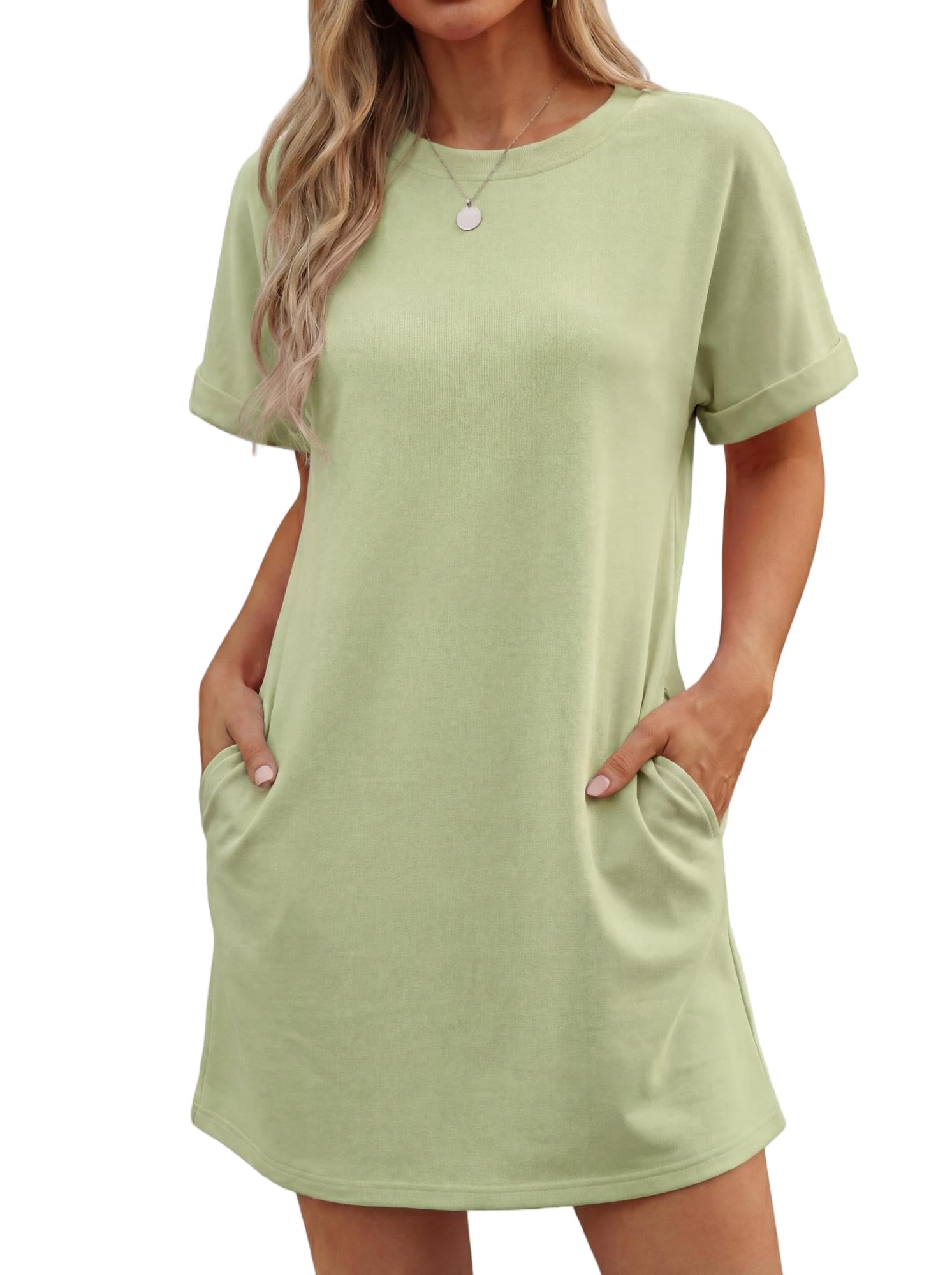 Vestido Lewina para mujer – Cuello redondo, mangas cortas, corte línea A mini y bolsillos, color liso verano