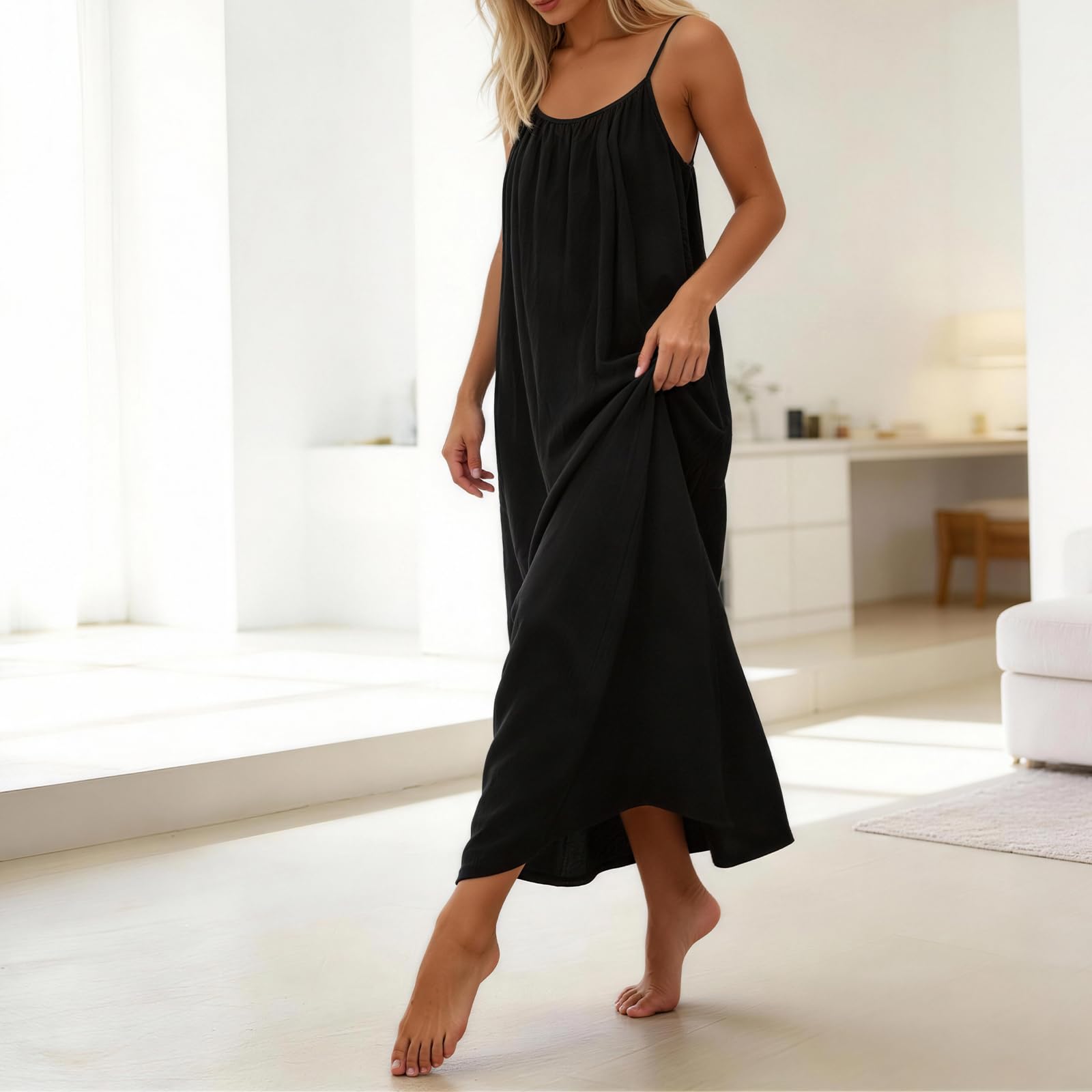 Rowena Maxi-jurk Dames – Open Rug, Verstelbare Bandjes & Effen Zomerjurk met Vloeiende A-lijn