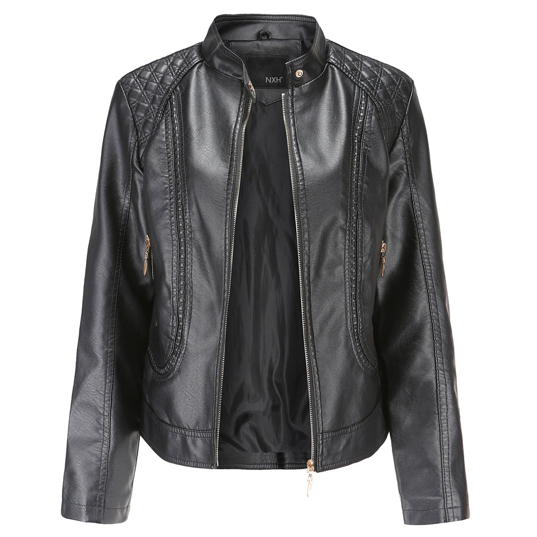 Janiyah Veste Femme en Cuir – Col Montant Chic, Fermetures Éclair & Style Moderne Élégant