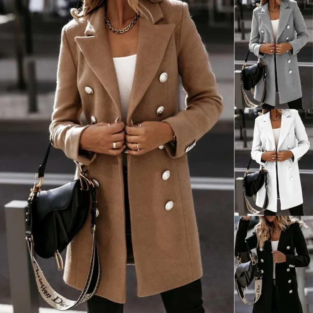 Gracelynn vendbar trenchcoat i ullblanding for kvinner – elegant lang kåpe med sølvknapper