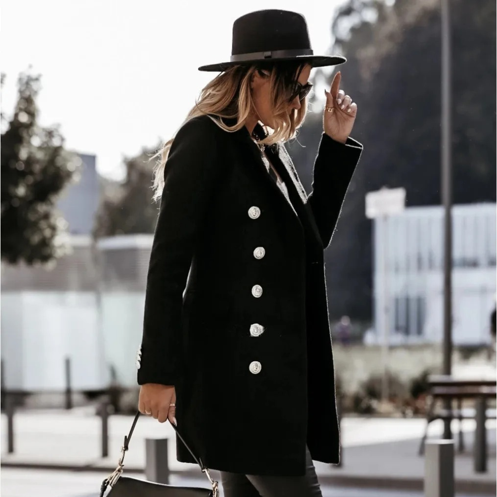Gracelynn vendbar trenchcoat i ullblanding for kvinner – elegant lang kåpe med sølvknapper