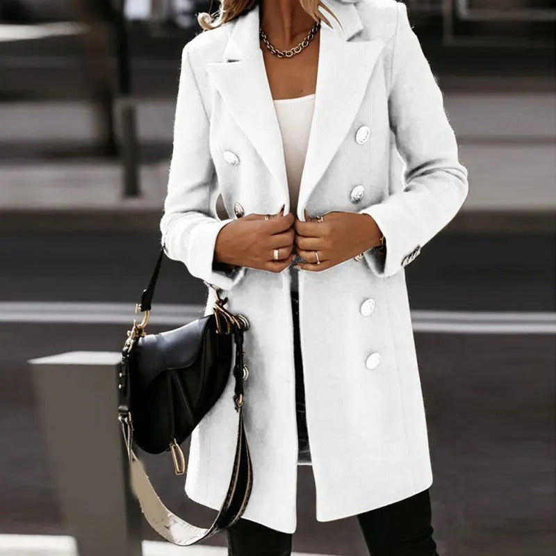 Gracelynn vendbar trenchcoat i ullblanding for kvinner – elegant lang kåpe med sølvknapper