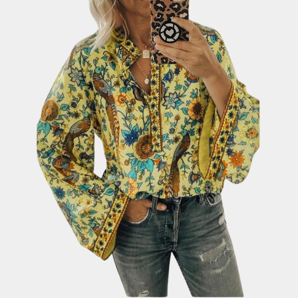 Cynthia Blouse Femme – Haut Fleuri à Manches Bouffantes & Tissu Respirant pour Été Élégant