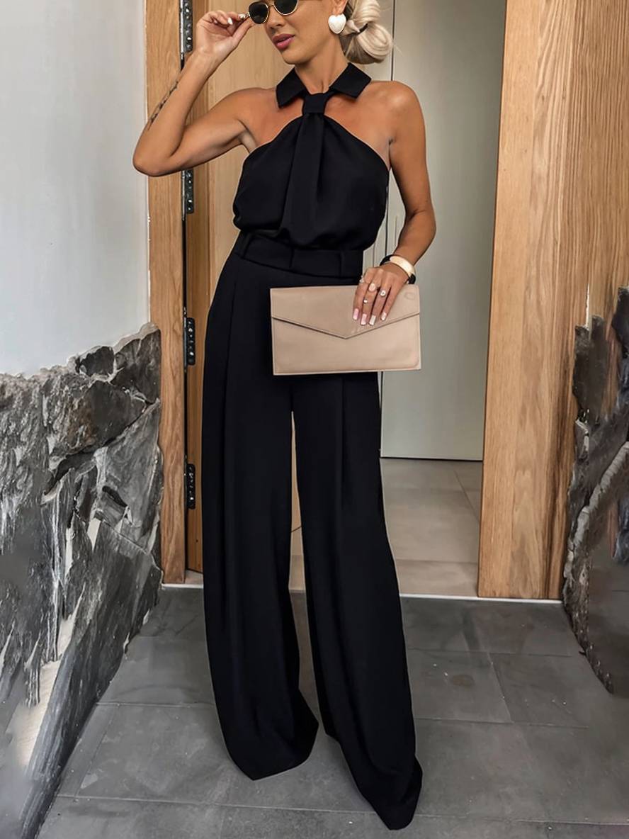 Aliya Combinaison Femme – Salopetă largă fără mâneci cu guler cămașă, decupaje și buzunare