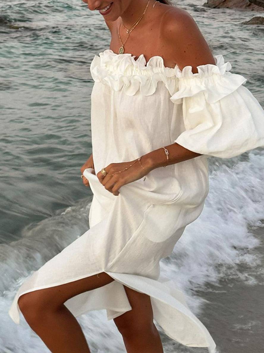 Kimberly Robe Femme – Langes lässiges Kleid mit U-Boot-Ausschnitt, Puffärmeln & Seitenschlitz