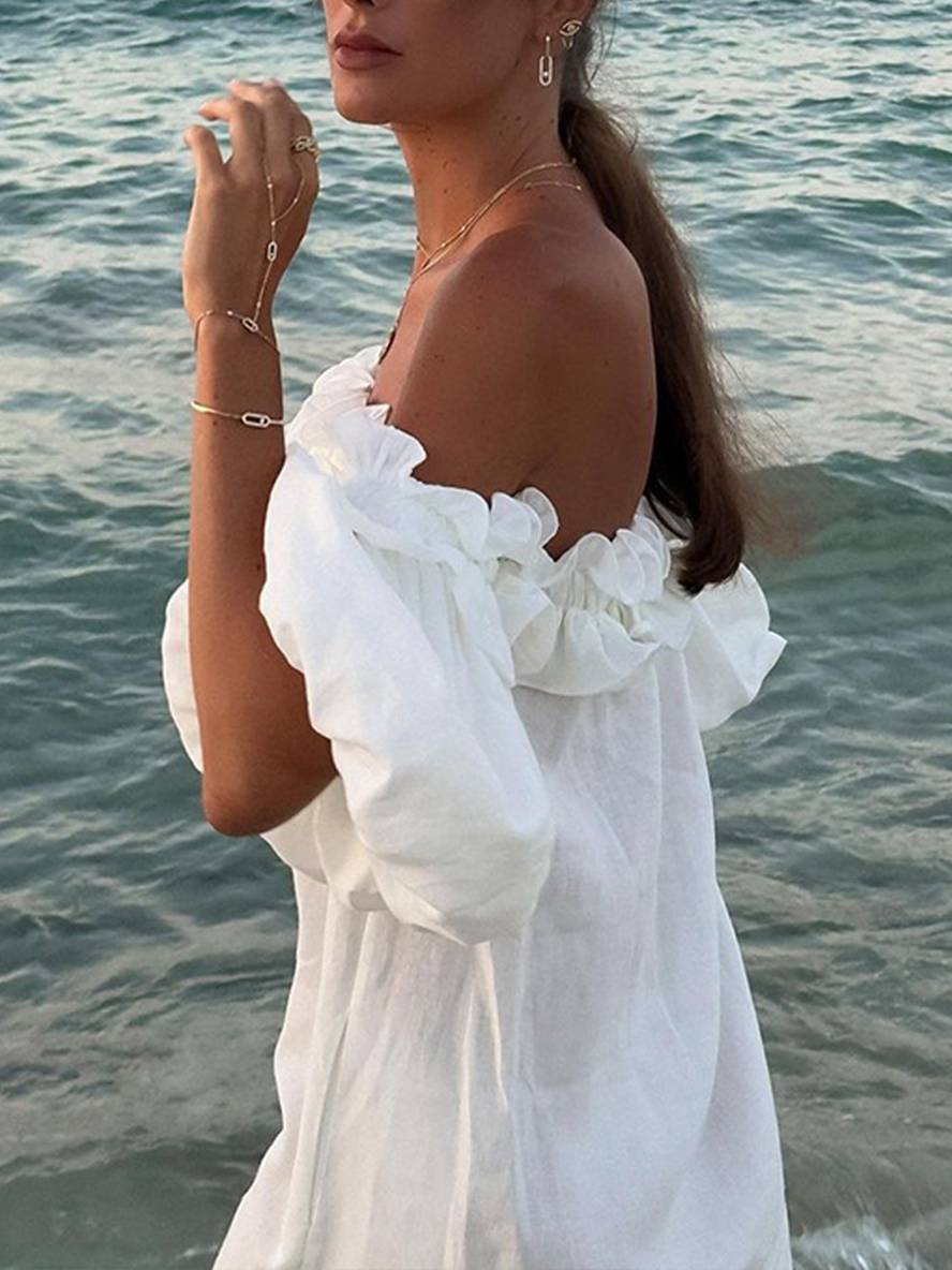 Kimberly Robe Femme – Langes lässiges Kleid mit U-Boot-Ausschnitt, Puffärmeln & Seitenschlitz