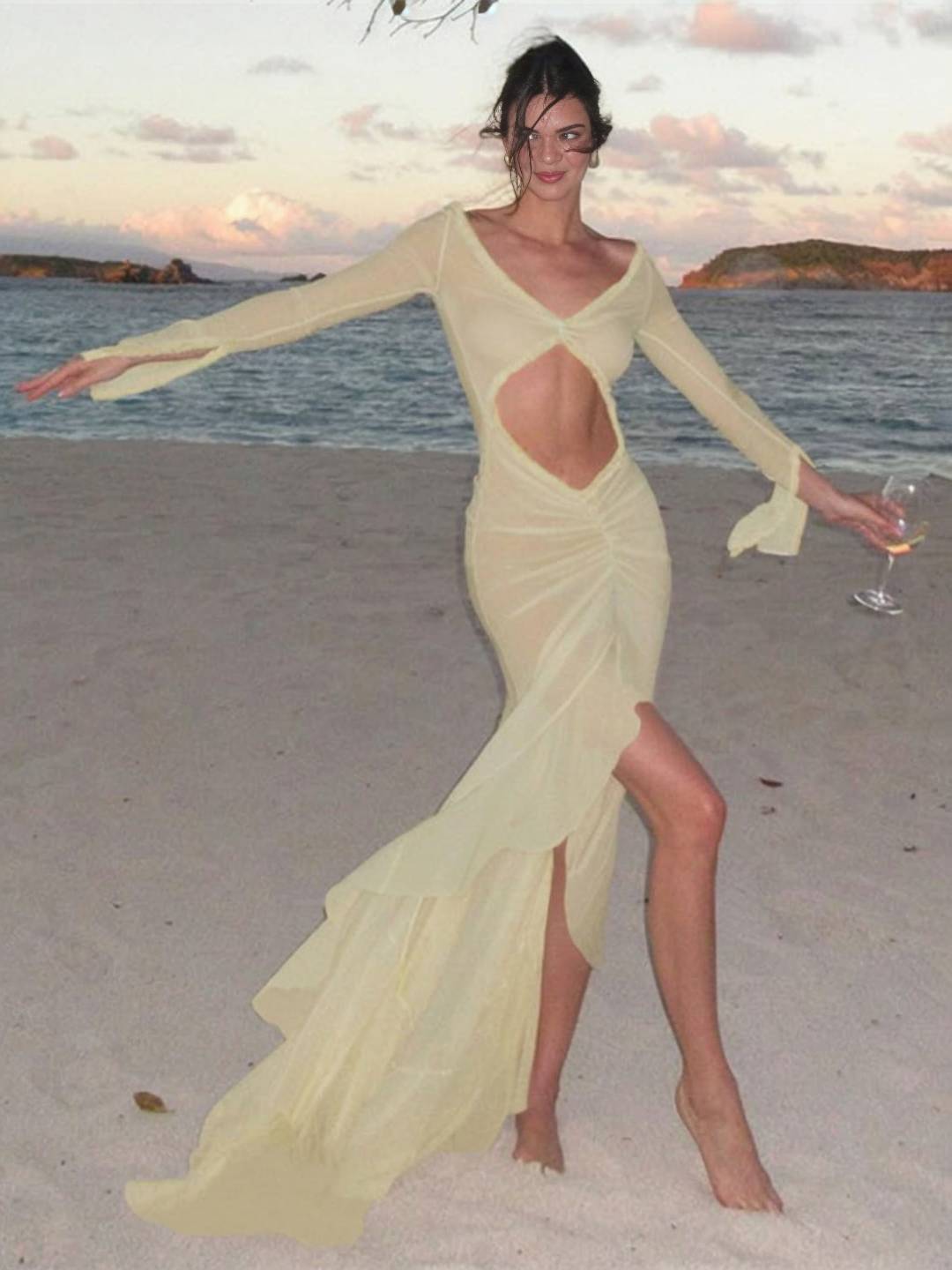 Kayliegh Strandkjole Dame – Lang tætsiddende kjole med V-udskæring, slids og splittede ærmer Boho