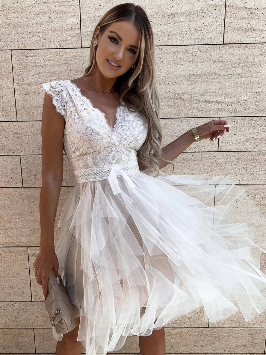 Wendy Φόρεμα Κοκτέιλ Γυναικείο – Κοντό Αμάνικο Φόρεμα από Τούλι σε Στυλ Τούτου με V Ντεκολτέ & Ανοιχτή Πλάτη