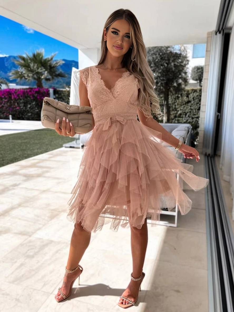 Wendy Φόρεμα Κοκτέιλ Γυναικείο – Κοντό Αμάνικο Φόρεμα από Τούλι σε Στυλ Τούτου με V Ντεκολτέ & Ανοιχτή Πλάτη