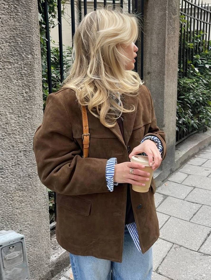 Kurtka damska Chelsea Vintage Suede – luźny krój, elegancka i praktyczna z kieszeniami