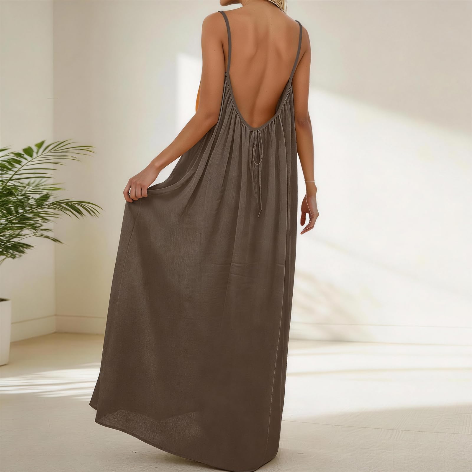 Rowena Maxi-jurk Dames – Open Rug, Verstelbare Bandjes & Effen Zomerjurk met Vloeiende A-lijn