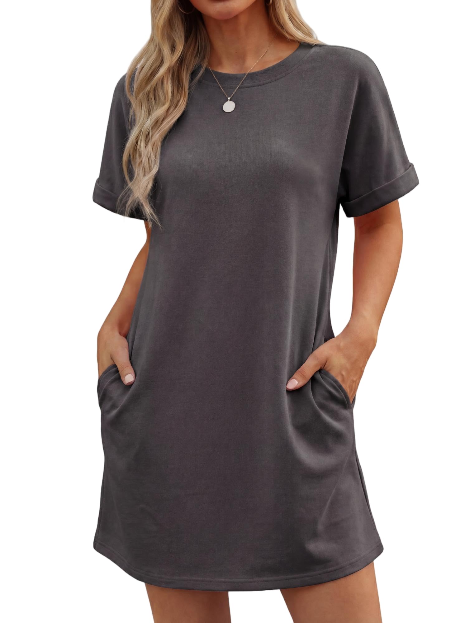 Vestido Lewina para mujer – Cuello redondo, mangas cortas, corte línea A mini y bolsillos, color liso verano