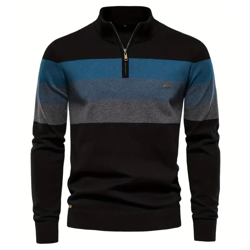 Liam Pull Homme à Rayures – Stehkragen mit Reißverschluss, warm & bequem aus Polyesterwolle