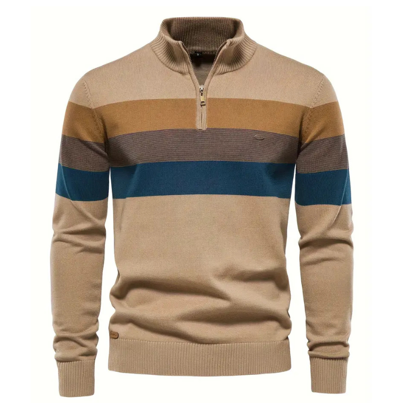Liam Pull Homme à Rayures – Stehkragen mit Reißverschluss, warm & bequem aus Polyesterwolle