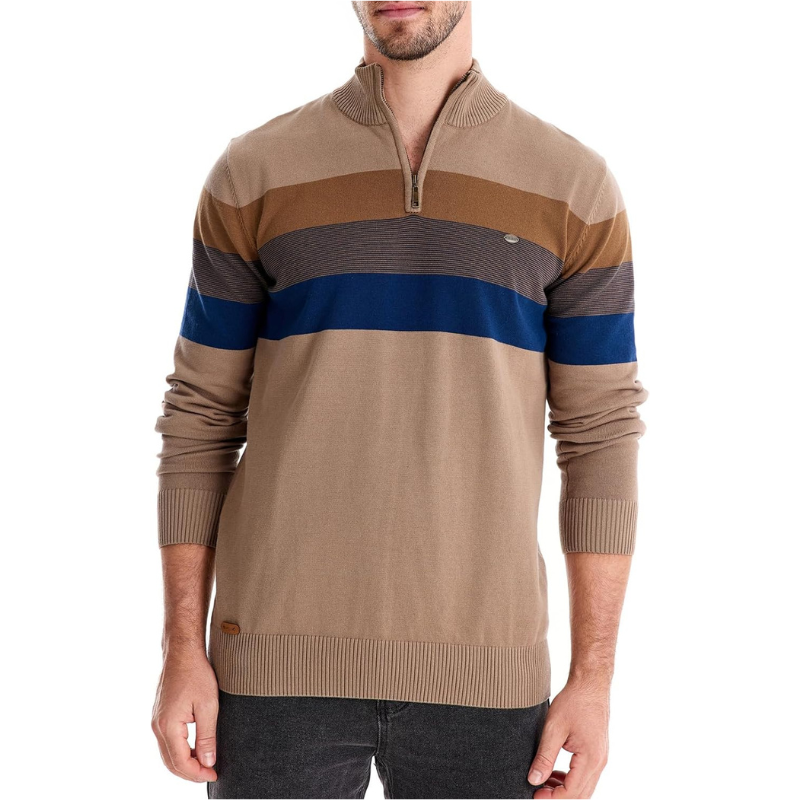 Liam Pull Homme à Rayures – Stehkragen mit Reißverschluss, warm & bequem aus Polyesterwolle