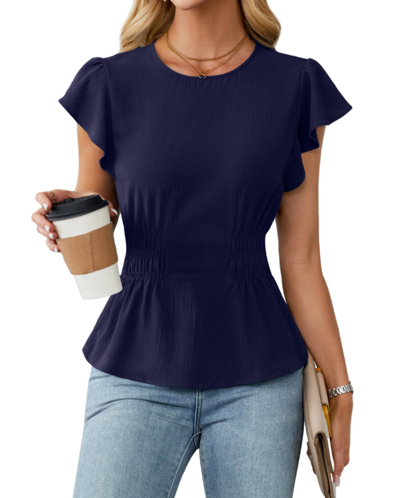 Divina Women's Blouse – Round Neck, Ruffled Sleeves, Smocked Waist & Business Casual Style