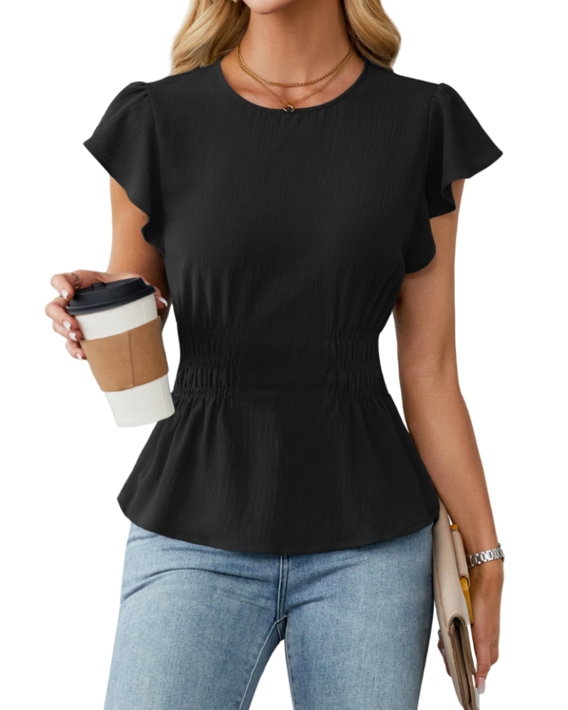 Divina Women's Blouse – Round Neck, Ruffled Sleeves, Smocked Waist & Business Casual Style