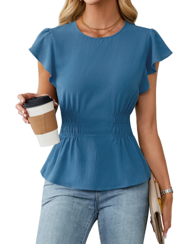 Divina Women's Blouse – Round Neck, Ruffled Sleeves, Smocked Waist & Business Casual Style