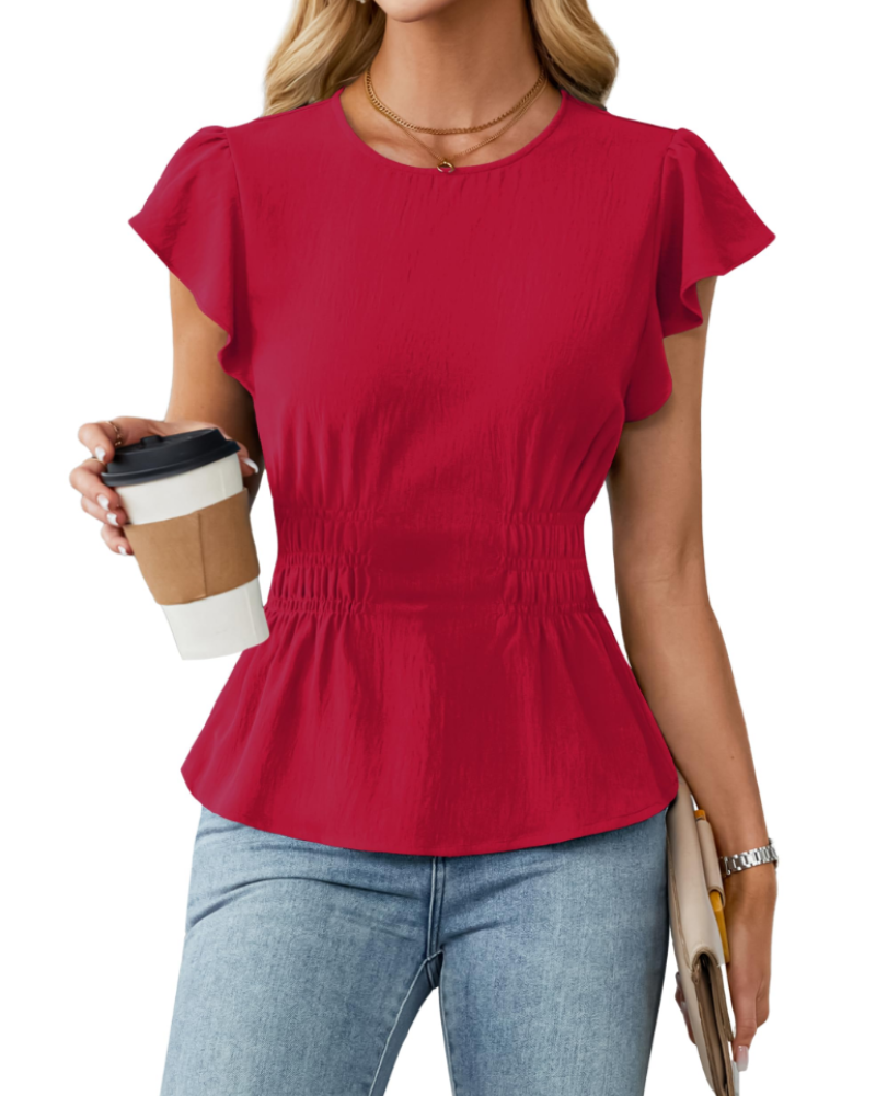 Divina Women's Blouse – Round Neck, Ruffled Sleeves, Smocked Waist & Business Casual Style