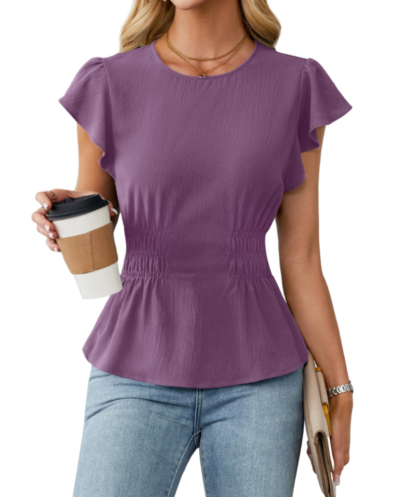 Divina Women's Blouse – Round Neck, Ruffled Sleeves, Smocked Waist & Business Casual Style