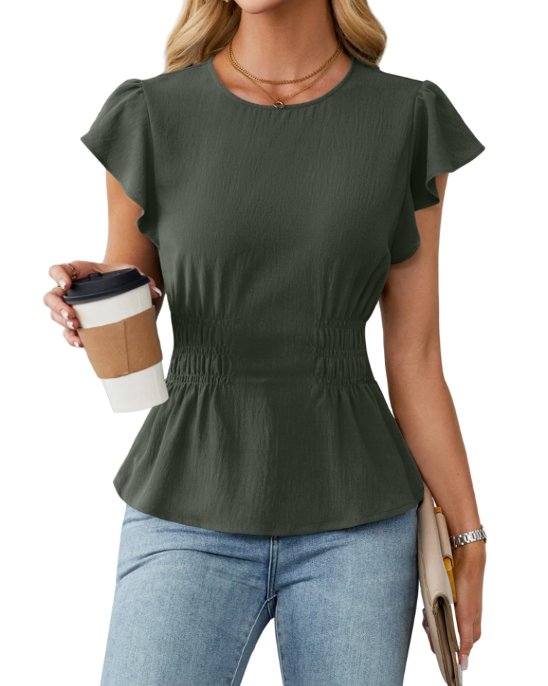 Divina Women's Blouse – Round Neck, Ruffled Sleeves, Smocked Waist & Business Casual Style