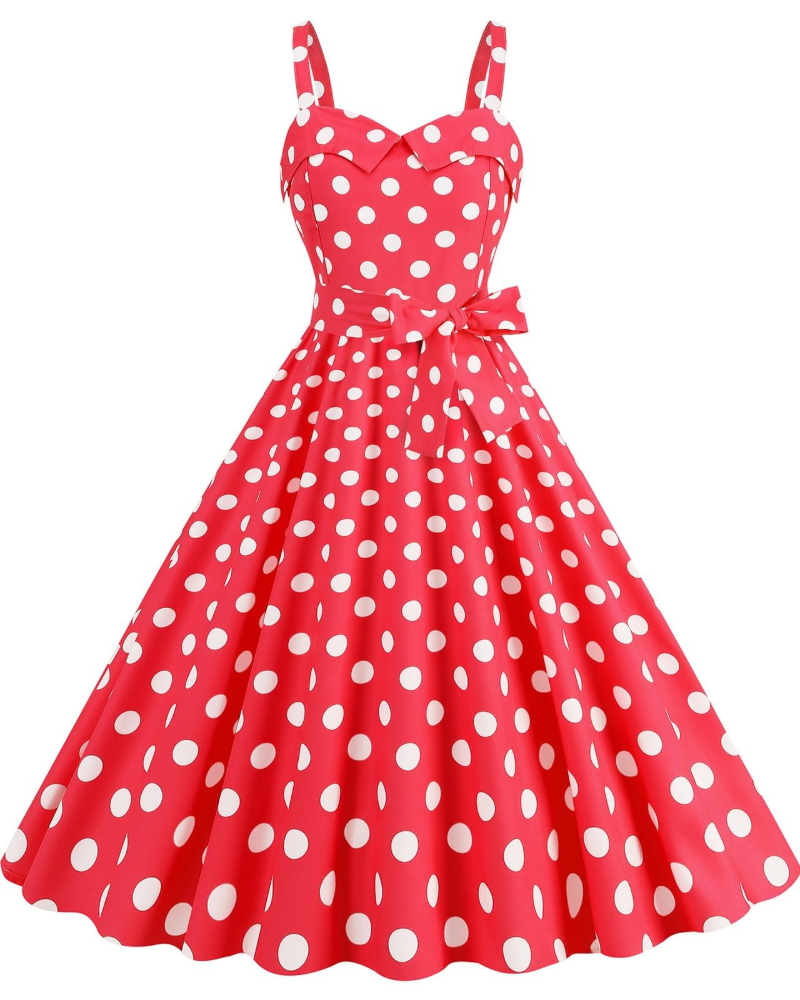 Rosie Robe Femme – Robe Midi Vintage Pois Col V Sans Manches Taille Haute Rockabilly Chic