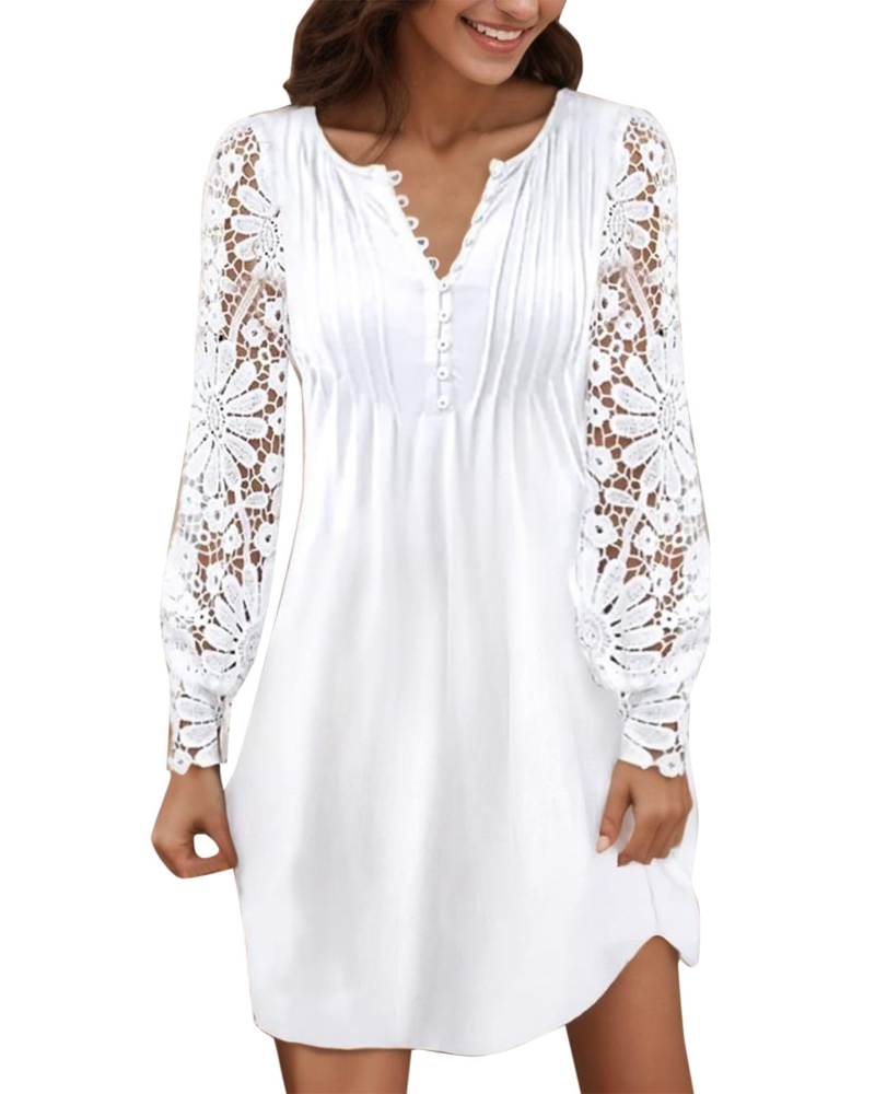 Maricel Abito Donna – Abito Corto in Pizzo con Scollo a V, Maniche Lunghe, Taglio Slim, Chic ed Elegante