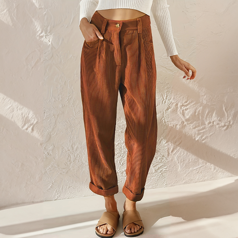 Lisette Pantalon Femme en Velours Côtelé – Taille Haute Confortable & Jambes Amples Look Décontracté