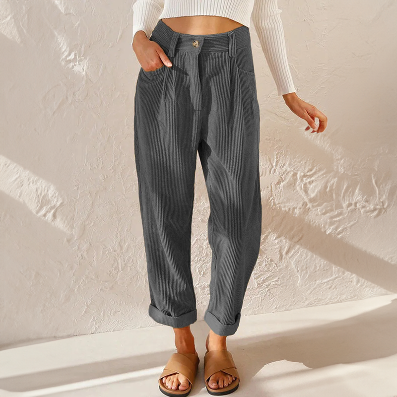 Lisette Pantalon Femme en Velours Côtelé – Taille Haute Confortable & Jambes Amples Look Décontracté