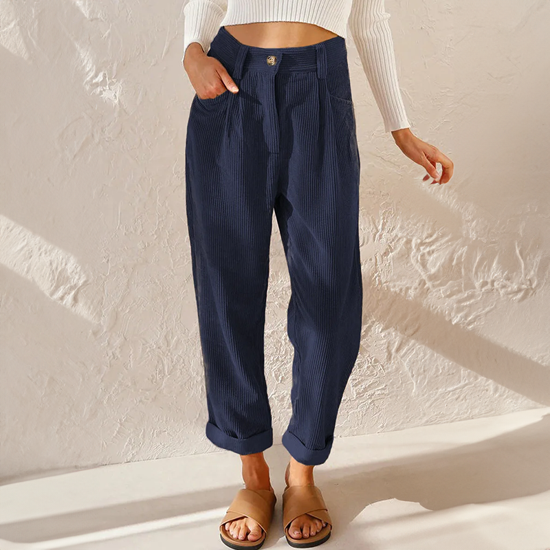 Lisette Pantalon Femme en Velours Côtelé – Taille Haute Confortable & Jambes Amples Look Décontracté