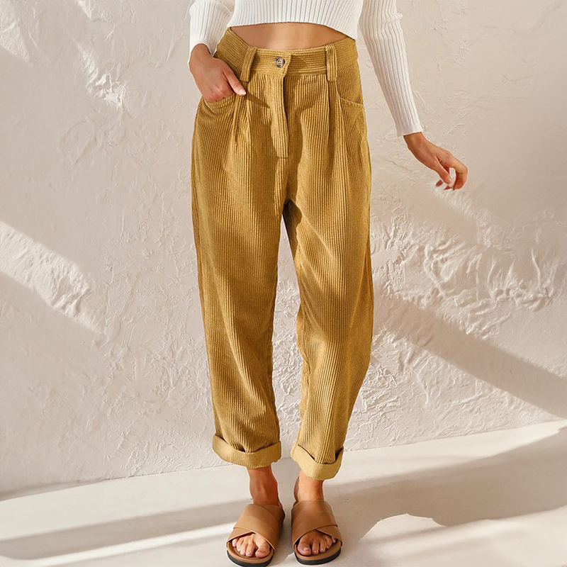 Lisette Pantalon Femme en Velours Côtelé – Taille Haute Confortable & Jambes Amples Look Décontracté