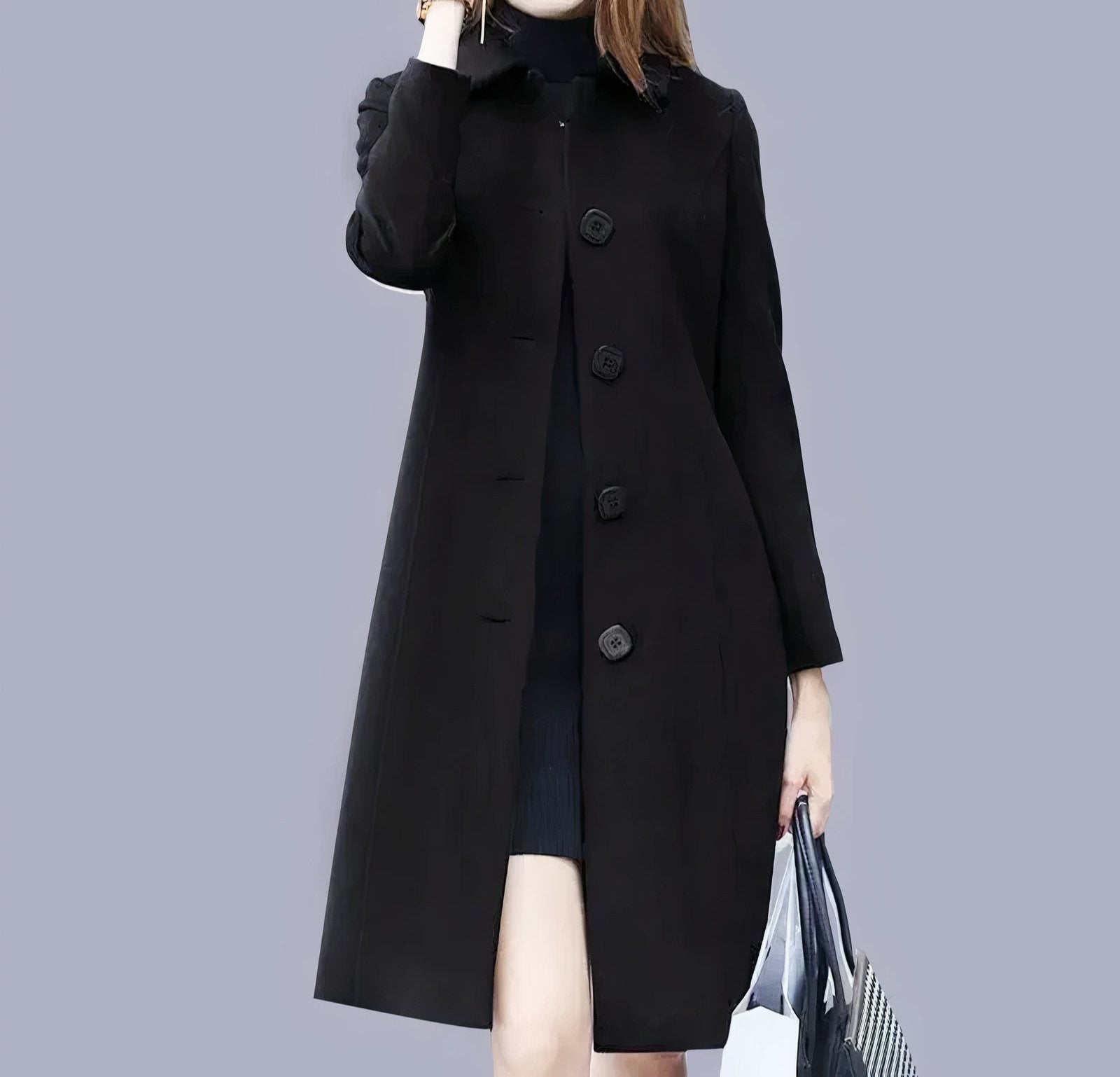 Analia Manteau Femme Elegant – Dlouhý klasický s elegantním límcem, knoflíky a pohodlným střihem